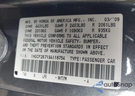 2009 Honda Accord 2.4 Ex z USA, uszkodzony, nr VIN 1HGCP26719A118754